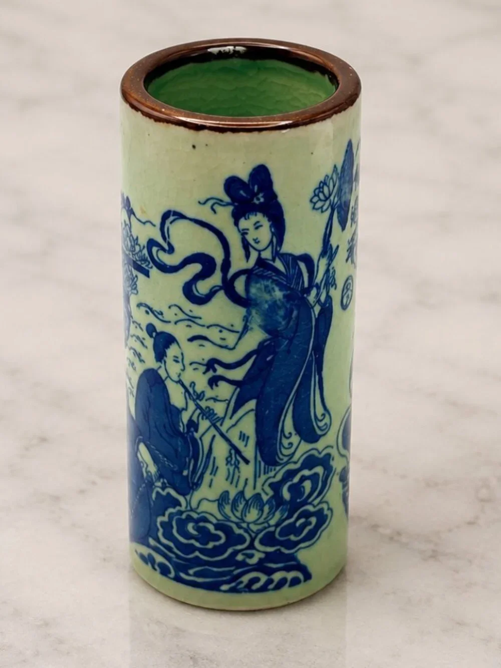 Vintage Kangxi Marked Jingdezhen Porcelain Blue White Celadon Brush Pot